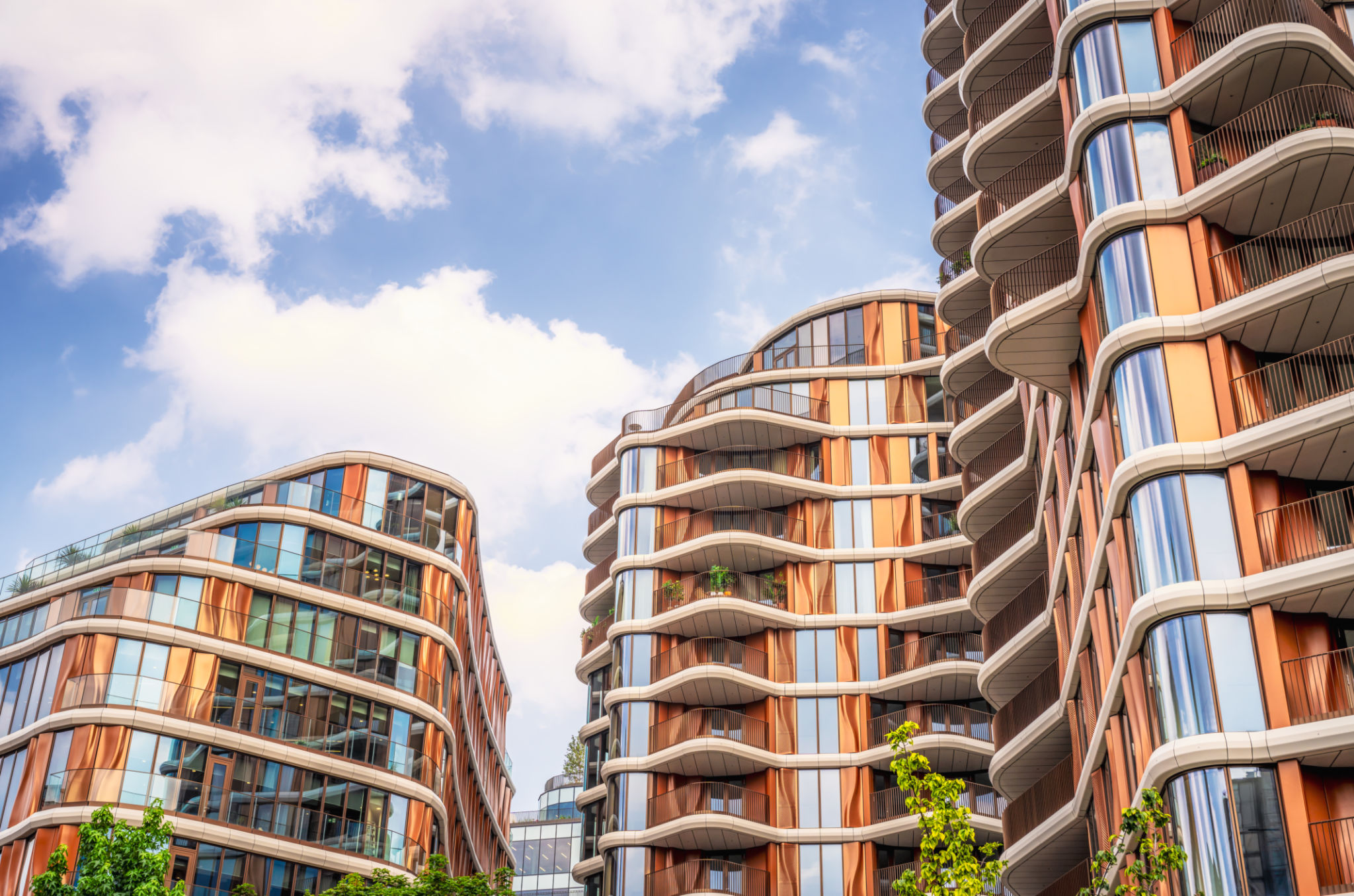 A view of a newly built apartment development, located on the South Bank of the Thames in central London.